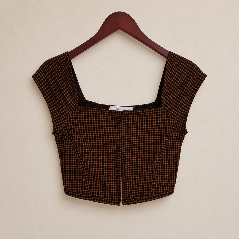 Elodie Gingham Corset Top Small Brown Black Check Plaid Hook & Eye Cropped Cami